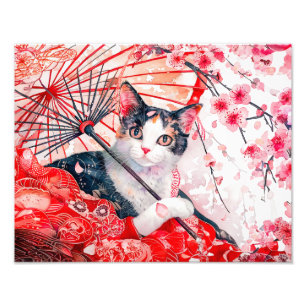 中国風水墨画の傘を持つ芸者猫 フォトプリント