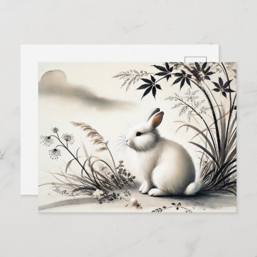 中国〔占星術の〕十二宮図インクのブシュ下静置Serene Hare シーズンポストカード (正面/裏面)