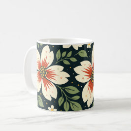 中央が赤いクリーム色の花と緑の葉 コーヒーマグカップ