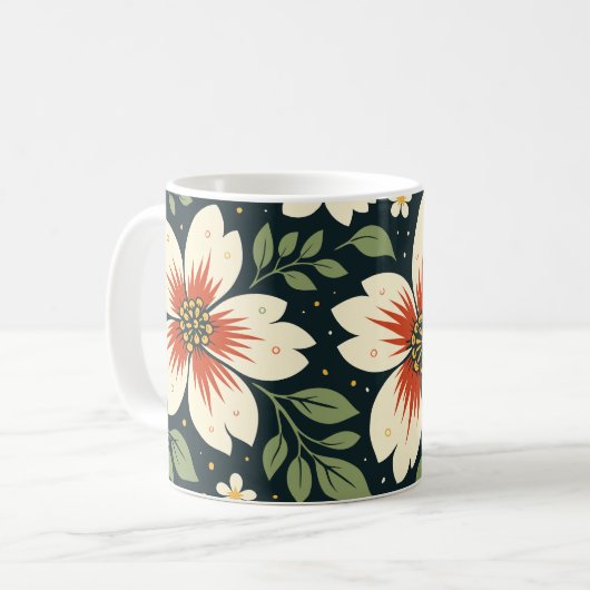 中央が赤いクリーム色の花と緑の葉 コーヒーマグカップ (正面左)
