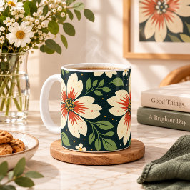 中央が赤いクリーム色の花と緑の葉 コーヒーマグカップ