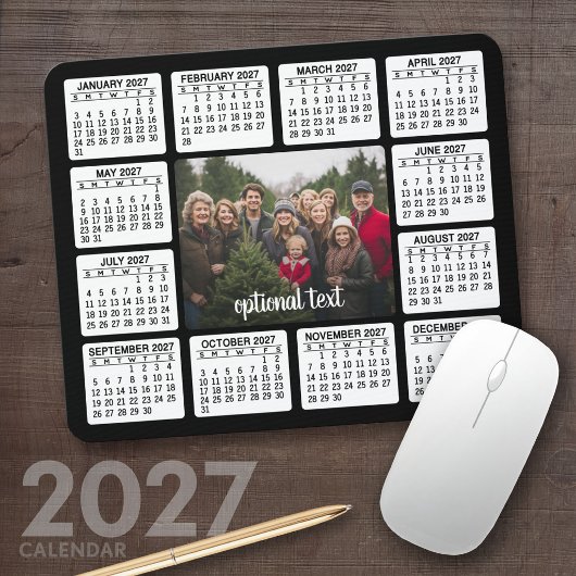 中央に写真が入った2027年カレンダー 白黒 マウスパッド