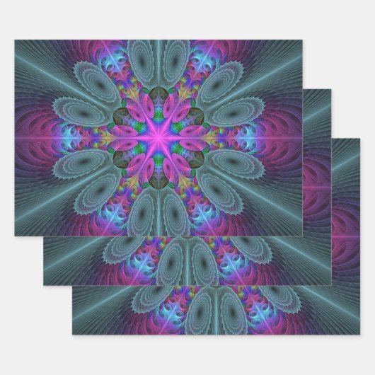 中央のマンダラカラフルルアートとピンクのマンダラ ラッピングペーパーシート (セット)