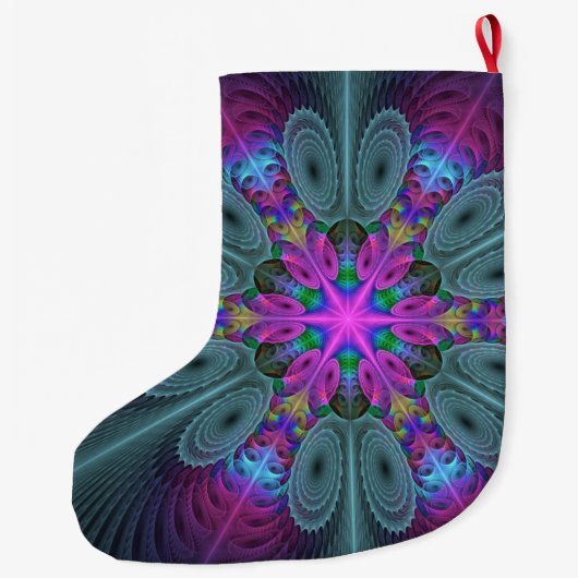 中央のマンダラカラフルルアートとピンクのマンダラ ラージクリスマスストッキング (裏面)