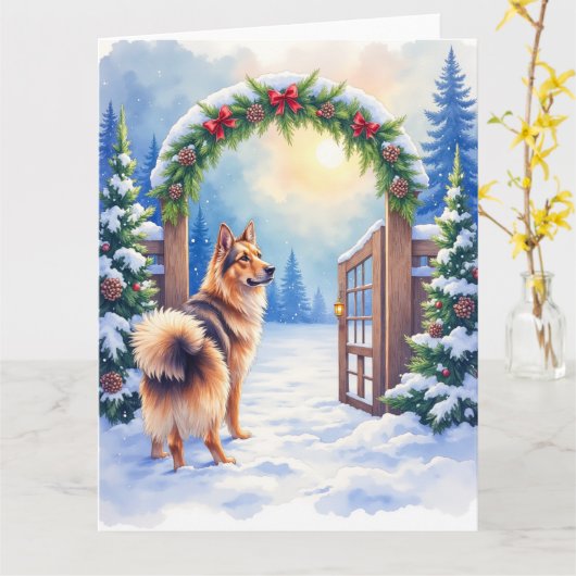 中央アジアン・シェパード 雪のゲート クリスマスアート カード (黄色い花)