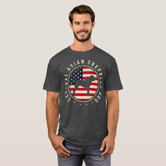 中央アジア羊飼い犬USA国旗7月4日 Tシャツ (正面フル)