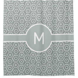 中央モノグラム幾何学付きグレーヘキサゴン シャワーカーテン
