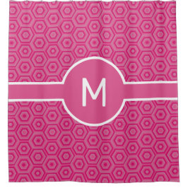 中央モノグラム幾何学付きピンクの六角形 シャワーカーテン