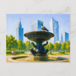 中央ワルシャワの噴水 – 詳細な油絵 シーズンポストカード