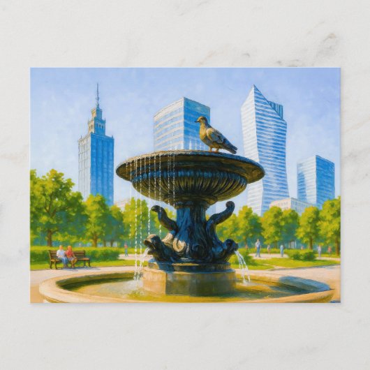 中央ワルシャワの噴水 – 詳細な油絵 シーズンポストカード (正面)