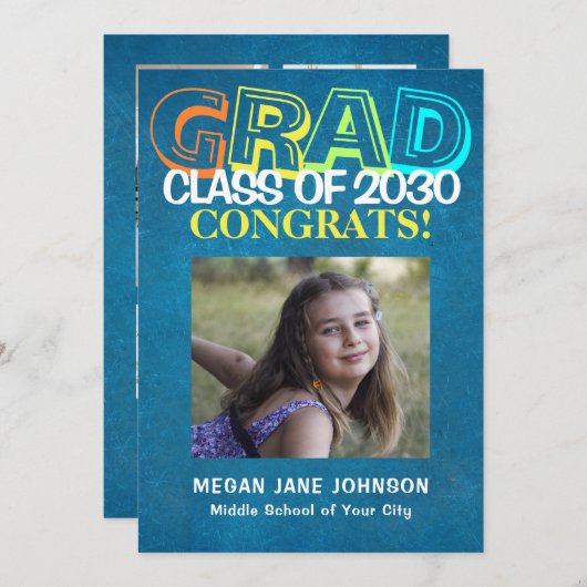 中学カラフル卒業写真5枚 案内状 (正面/裏面)