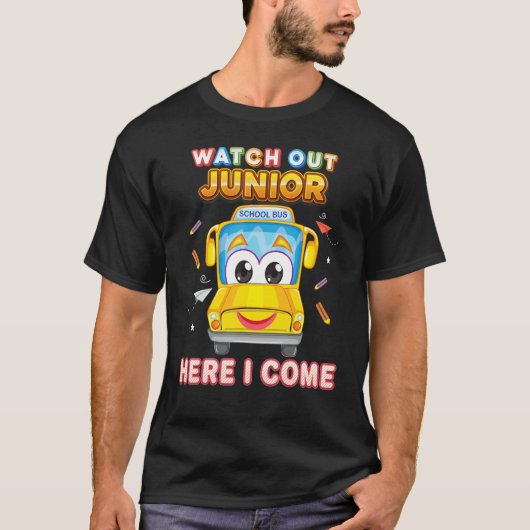 中学生ここで私はスクールバ来スの子供の学生を見る Tシャツ (正面)