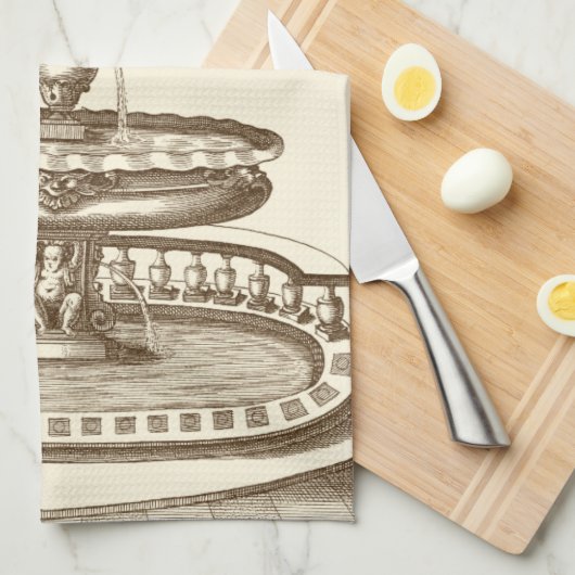 中庭の噴水と装飾的なケルブ キッチンタオル (四つ折り)