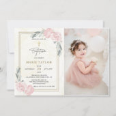 中性かわいらし水色フローラ洗礼写真 招待状 (正面)