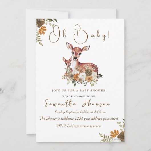 中性のママシカとベビー鹿の赤ちゃんシャワー 招待状 (正面)