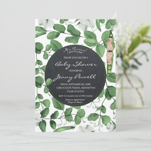 中性の赤ちゃんシャワー招待双生児がポッドの中でエンドウ 招待状 (スタンド正面)