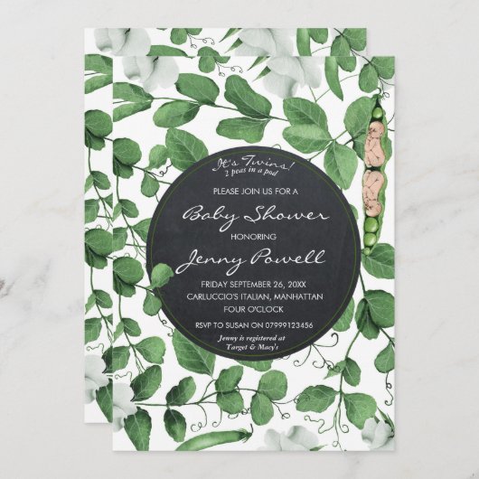 中性の赤ちゃんシャワー招待双生児がポッドの中でエンドウ 招待状 (正面/裏面)