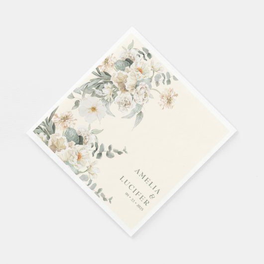 中性アイボリーフローラセージ結婚グリーン スタンダードランチョンナプキン (角)
