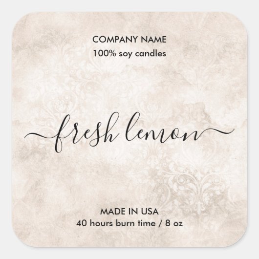 中性エレガントダマスク素朴ろうそく製品ラベル スクエアシール (正面)