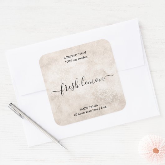 中性エレガントダマスク素朴ろうそく製品ラベル スクエアシール (封筒)