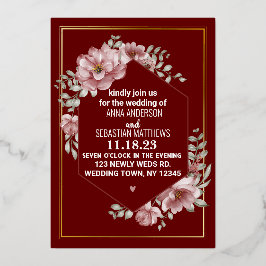 中性エレガント水色フローラ結婚の箔I 箔招待状