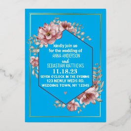 中性エレガント水色フローラ結婚の箔I 箔招待状