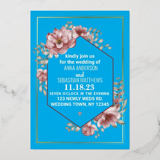 中性エレガント水色フローラ結婚の箔I 箔招待状 (正面)