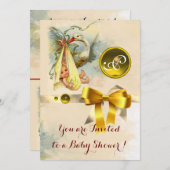 中性コウノトリ赤ちゃんシャワーイエロージェムストーンモノグラム 招待状 (正面/裏面)