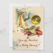 中性コウノトリ赤ちゃんシャワーイエロージェムストーンモノグラム 招待状 (正面)