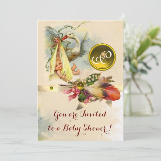 中性コウノトリ赤ちゃんシャワーイエロージェムストーンモノグラム 招待状 (スタンド正面)