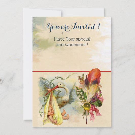 中性コウノトリ赤ちゃんシャワーイエロージェムストーンモノグラム 招待状 (裏面)