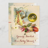 中性コウノトリ赤ちゃんシャワーイエロージェムストーンモノグラム 招待状 (正面/裏面)