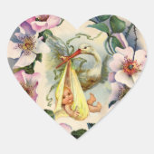 中性コウノトリ赤ちゃんシャワーピンクの野生のバラ冠 ハートシール (正面)