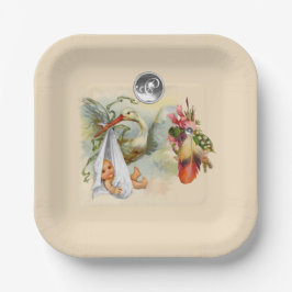 中性コウノトリ赤ちゃんシャワーホワイトジェムストーンモノグラム ペーパープレート