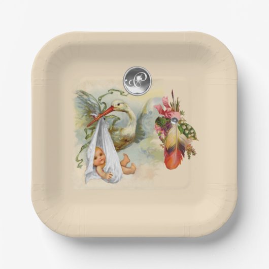 中性コウノトリ赤ちゃんシャワーホワイトジェムストーンモノグラム ペーパープレート (正面)