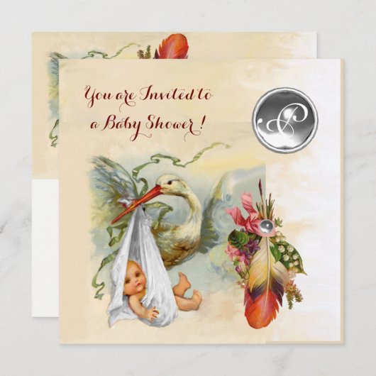 中性コウノトリ赤ちゃんシャワーホワイトジェムストーンモノグラム 招待状 (正面/裏面)