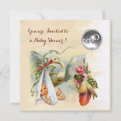 中性コウノトリ赤ちゃんシャワーホワイトジェムストーンモノグラム 招待状 (正面)