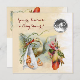 中性コウノトリ赤ちゃんシャワーホワイトジェムストーンモノグラム 招待状