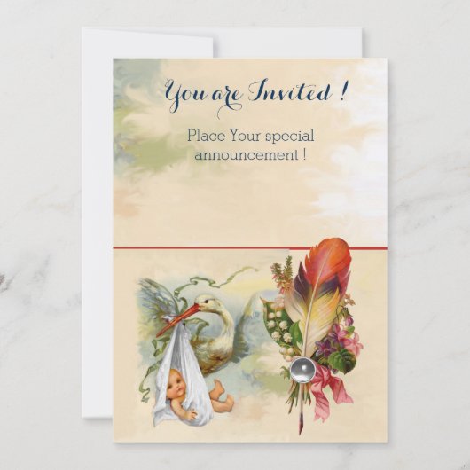 中性コウノトリ赤ちゃんシャワーホワイトジェムストーンモノグラム 招待状 (裏面)