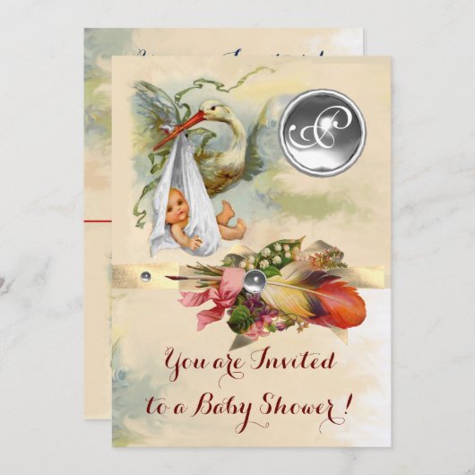 中性コウノトリ赤ちゃんシャワーホワイトジェムストーンモノグラム 招待状 (正面/裏面)