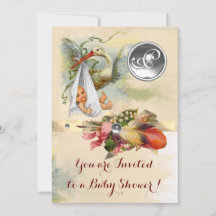 中性コウノトリ赤ちゃんシャワーホワイトジェムストーンモノグラム