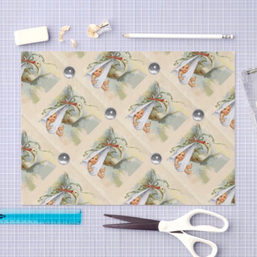 中性コウノトリ赤ちゃんシャワー白い宝石 薄葉紙 (クラフト)