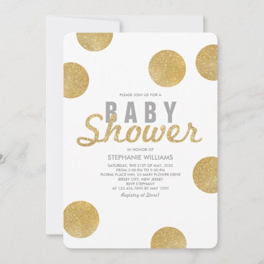 中性フェイク金ゴールドグリッターホワイトベビーシャワー招待状 招待状 (正面)