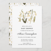 中性フローラのスノードロップ美しい赤ちゃんシャワー 招待状 (正面/裏面)