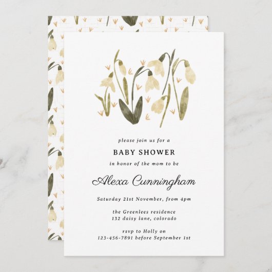 中性フローラのスノードロップ美しい赤ちゃんシャワー 招待状 (正面/裏面)