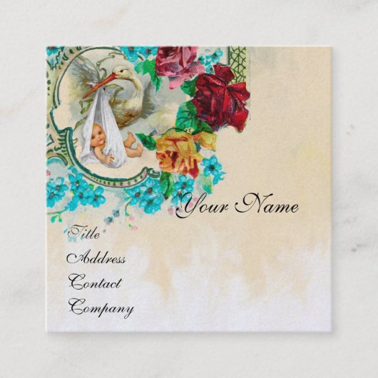 中性フローラストーク赤ちゃんシャワーホワイトパール紙 スクエア名刺 (正面)