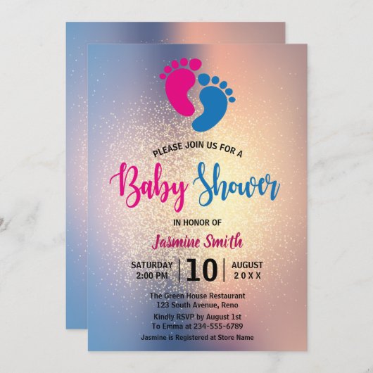 中性モダングリッターベビーシャワー 招待状 (正面/裏面)