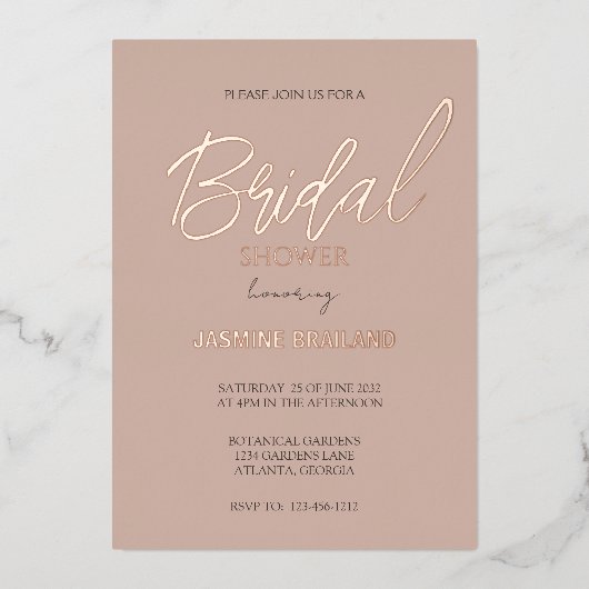 中性モダンシンプルブライダルシャワー金ゴールド 箔招待状 (正面)