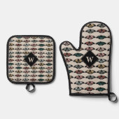 中性モダン蝶ガーデンパターンモノグラム 鍋つかみ&鍋敷きセット (正面)