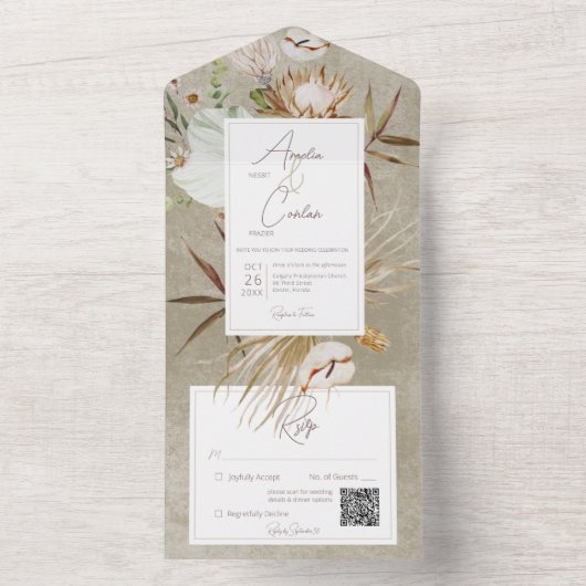 中性乾燥BohoフローラフレームSage QRコード オールインワン招待状 (内側)